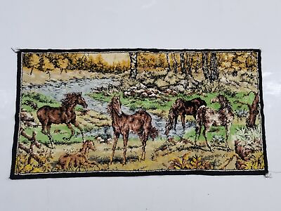 #ad Vintage Velvet Horses Scene Wall Hanging Tapestry 92x47cm