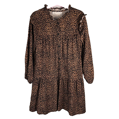 #ad Zara Girls Leopard Animal Print Shirt Dress Size 8 Swing Tiered Button Front