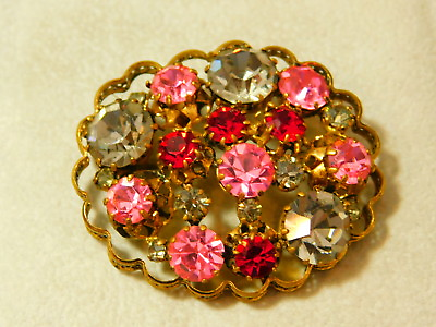 #ad Stunning Vintage Austrian Crystal Pink Red Rhinestone Gold Brooch Pin 4b 54