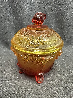 #ad Vintage Amberina Carnival Glass Footed Candy Bowl w Lid Red Yellow Grape Design