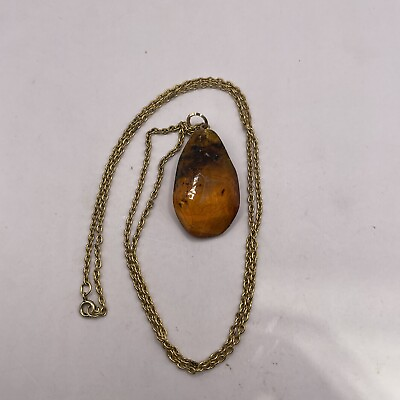 #ad Vintage Amber Pendant Gold Tone 22” Chain