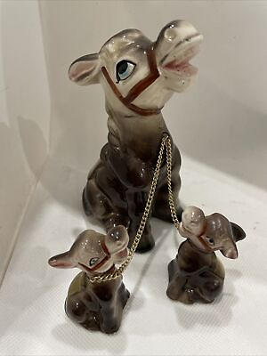 #ad Vintage Figurine Set Mama Donkey Jenny amp; Two Baby Foals on Chains Made In Japan