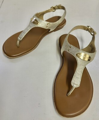 #ad Michael Kors Gold Metallic Textured Sandals Flats w Gold Medallion Logo Size8.5