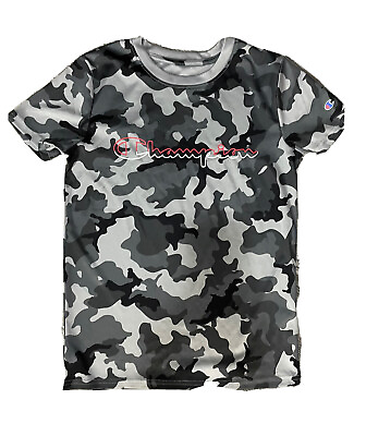 #ad Champion Boy#x27;s Short Sleeve Signature Script T shirt Gray Camouflage Sz 10 12
