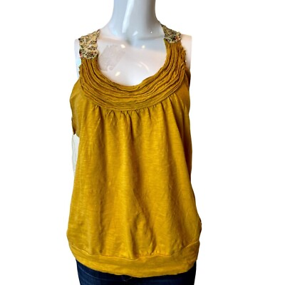 #ad Eyelash Couture Women Blouse Top 100% Cotton Sleeveless Ruffle Neck Yellow SZ XL