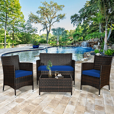 #ad 4PCS Outdoor Patio Furniture Set Cushioned Sofa Chair Coffee Table Peacock