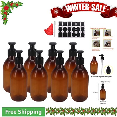 #ad 8oz Amber Plastic Pump Lotion Bottles Set of 8 with Labels amp; Funnel $25.99