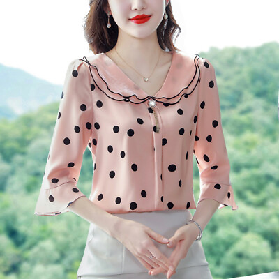 #ad Spring Summer Womens Polka Dot 3 4 Sleeve Lady Work Office Wear Shirt Blouse Top $20.23