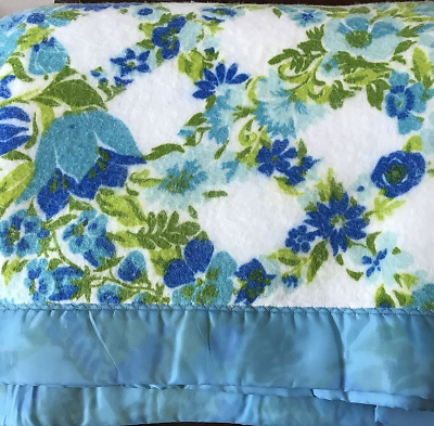 #ad Vintage Acrylic Full Twin Blue Satin Trim Blanket Floral Flowers 74 x 90