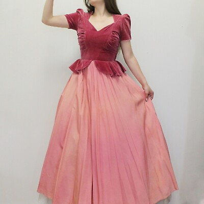 #ad Vintage 30s 40s Pink Velvet Peplum Prom Dress Evening gown