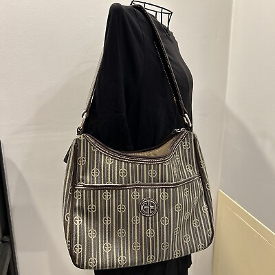 #ad Giani Bernini Signature Striped Ladies Handbag Brown Taupe Shoulder Bag Purse