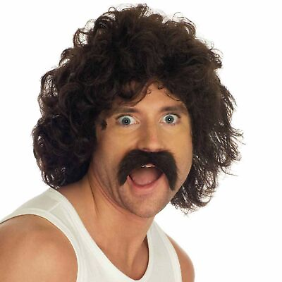 #ad Mens Brown Wig and Tash 80s Curly Hair amp; Mustache for Scouser Fancy Dress
