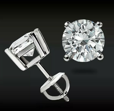 #ad 4.00 Ct Round Cut VVS1 D Lab Created Stud Earrings 14k White Gold Screw Back 8mm