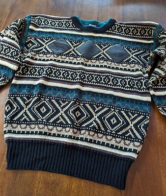 #ad Vintage Impact Pullover Sweater Men’s Size M Leather Patches Accents Ski Resort