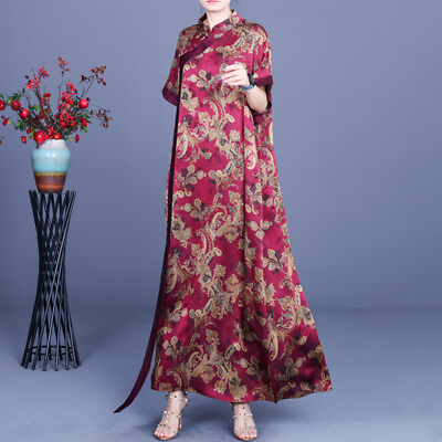 #ad Women Vintage Style Loose Maxi Dress Silk Ethnic Oversized Long Cheongsam Kaftan