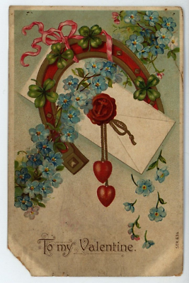 #ad 1910s To My Valentine Horseshoe 4 Leaf Clover Floral Letter Antique Postcard