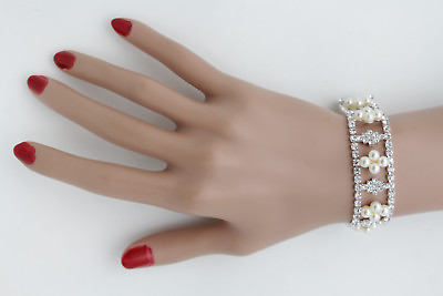 #ad Women Silver Bracelet Fashion Metal Bling Fancy Rhinestones Imitation Pearl Bead