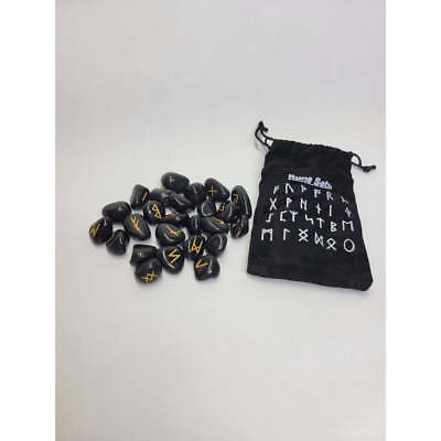 #ad Black Agate Rune stone set with Black Pouch 25 stone set $11.25