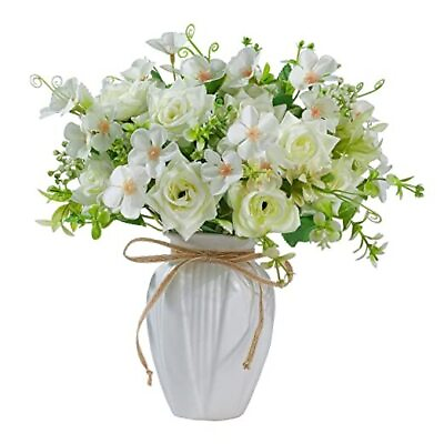 #ad Silk Rose Flowers in Vase Artificial Flowers Arrangement Modern Fake Rose White