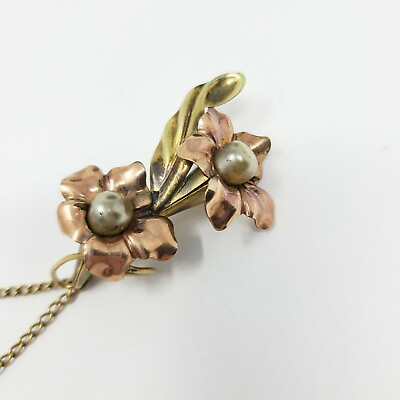 #ad Vintage Bal Ron Signed 1 20 K GF Rose Gold Faux Pearl Flower Collar Brooch 1940s