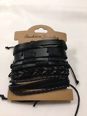 #ad Black Leather 5 Strand Cuff Bracelet Tie Closer Braided Straight Leather Mix Hip