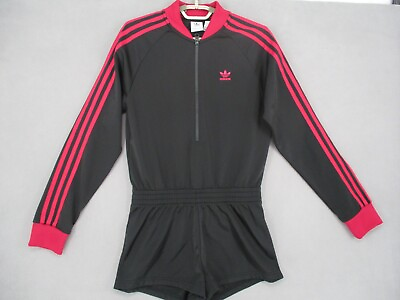 #ad Adidas Jumpsuit Womens 8 Black Pink Zip Shorts Trefoil Logo Originals 3 Stripes