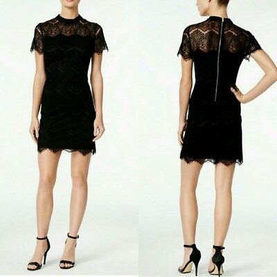 #ad Calvin Klein Dress Women#x27;s 12 Black Burnout Lace Mock Neck Little Black Dress