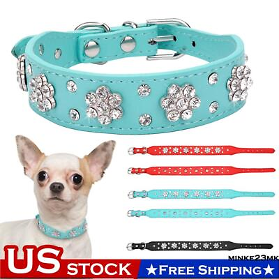 #ad US Pet Dog Cat Collar Diamante Leather Puppy Necklace Bling Crystal Studded