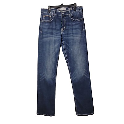 #ad BKE Tyler Jeans Men 33x34 36x34 Medium Wash High Rise Straight Leg Embroidered