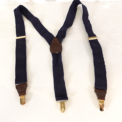 #ad PELICAN Leather Navy Brown Y Back Suspender Solid Clip Buckle Adjustable Stretch $28.88