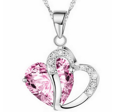 #ad 925 Sterling Silver Snake Chain Pink Tourmaline Crystal Heart Pendant