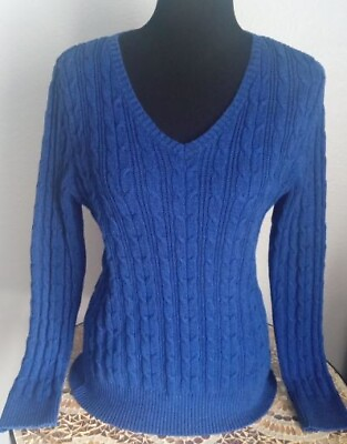 #ad Womens Cable Knit Sweater Petite Large Blue Cotton Blend V Neck PL St Johns Bay