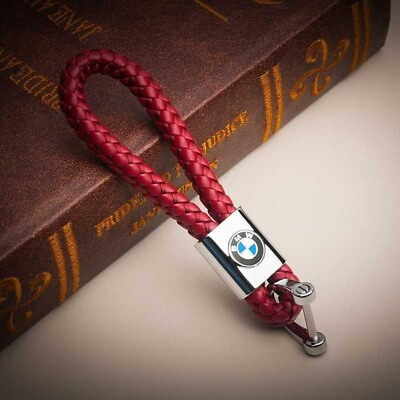 #ad Universal RED BMW Key Holder Keychain Elegant Woven Leather Strap Keyfob