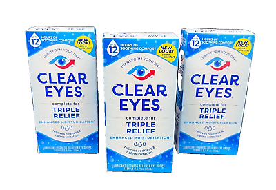 #ad 3X Clear Eyes Triple Action Lubricant Eye Drops Relieves Redness 15mL Exp 8 25