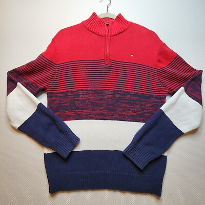 #ad Tommy Hilfiger Men Sweater Extra Large Red White Blue Colorblock 1 4 Zip Cotton
