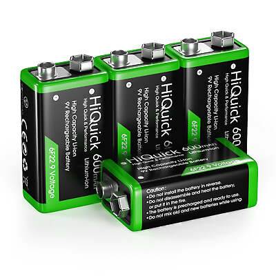 #ad HiQuick 9V 600mAh Lithium Rechargeable Batteries Li ion Batteries 4Packs
