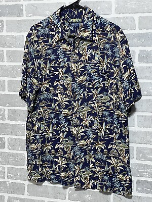 #ad Campia Mens Large Blue Tropical Print Short Sleeve Button Up Shirt
