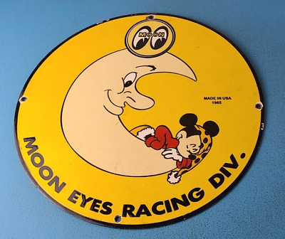 #ad Vintage Moon Eyes Sign Speed Equipment Mickey Mouse Porcelain Gas Pump Sign