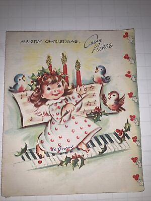 #ad VINTAGE 1950’s Merry Christmas Niece Card Piano Birds