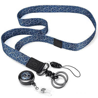 #ad Navy Blue Lanyard Keychain with Key Ring and Retractable Badge Reels for Name...