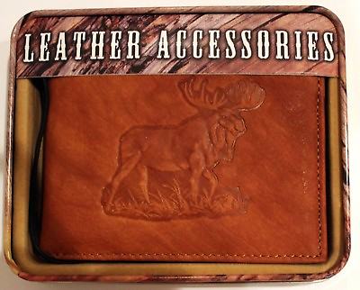 #ad Brown Leather Wallet Wildlife Moose Stamped Mens billfold Outdoor Sportsman $19.99