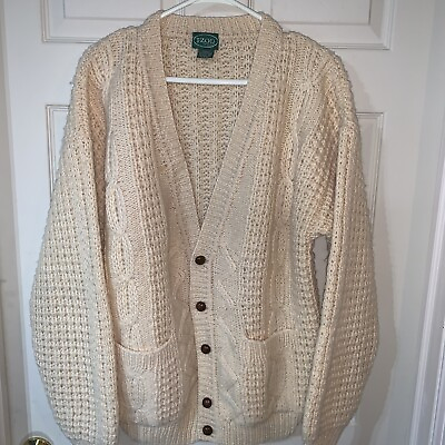 #ad VTG IZOD Sweater M Beige Hand Knit Wool Cable Cardigan 1960s Spool Tag Chunky