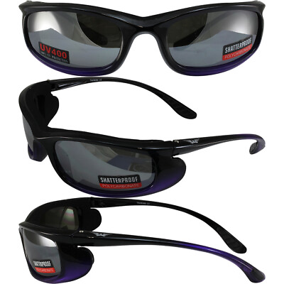 #ad Womens Padded Wrap Around Motorcycle Sunglasses Purple Frame Flash Mirror Lens