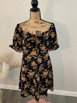 #ad Black Dress w Brown Floral Print Fit amp; Flare Knee Length Size XL