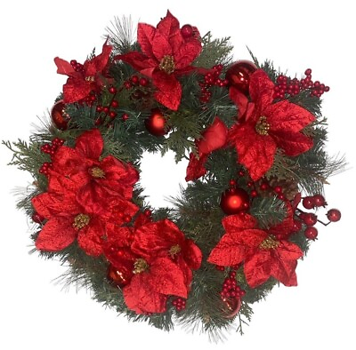 #ad Green Evergreen Red POINSETTIA Berries 22quot; Christmas WREATH New NIB
