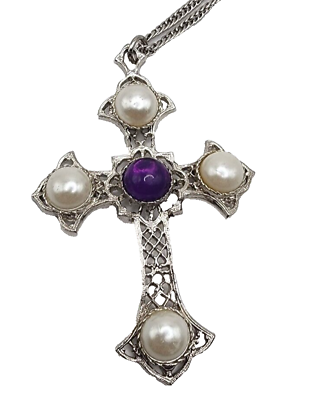 #ad Sarah Coventry Crusader Cross Celtic Vintage Pendant On 24quot; Chain Faux Pearl