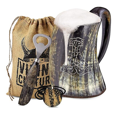 #ad Viking Culture Ox Horn Mug Norse Pendant amp; Bottle Opener Natural Thors Hammer