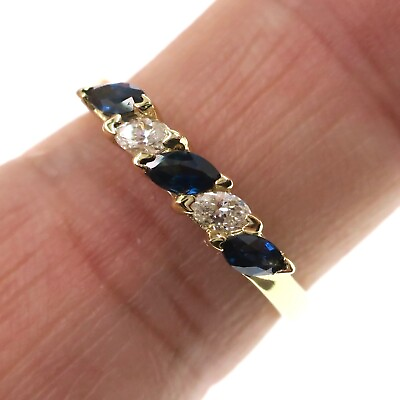 #ad 14k Solid Yellow Gold Natural Marquise Blue Sapphire Diamond Band Ring Size 6.5