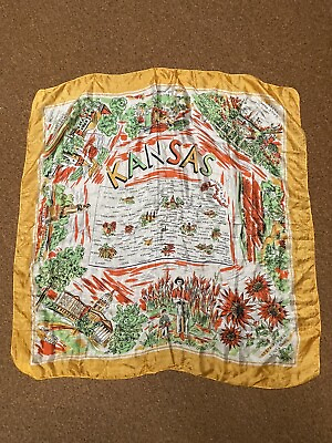 #ad Vintage KANSAS Map State Silk Scarf 30quot;x32quot; Travel Vacation 33quot; X 30quot;
