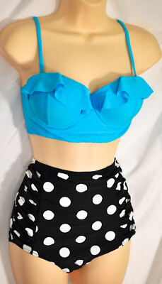 #ad women#x27;s vintage high waist bikini set firm padded cups size Large blue amp; black
